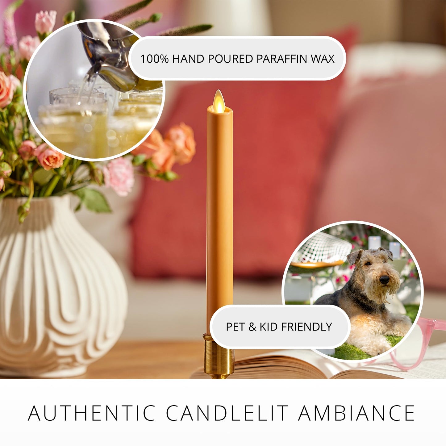 Luminara - Flameless Battery Operated Taper Candle - Sunlit Honey - Pack of 1-1x9.5 - LED Flickering Flame - Realistic Safe for Home Kids and Pets
