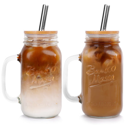 ANOTION Mason Jar with Lid and Straw, 24 oz Regular Mouth Mason Jars with Handle Drinking Glasses Tumbler Reusable Cups Smoothie Water Bottles for Iced Coffee Classic
