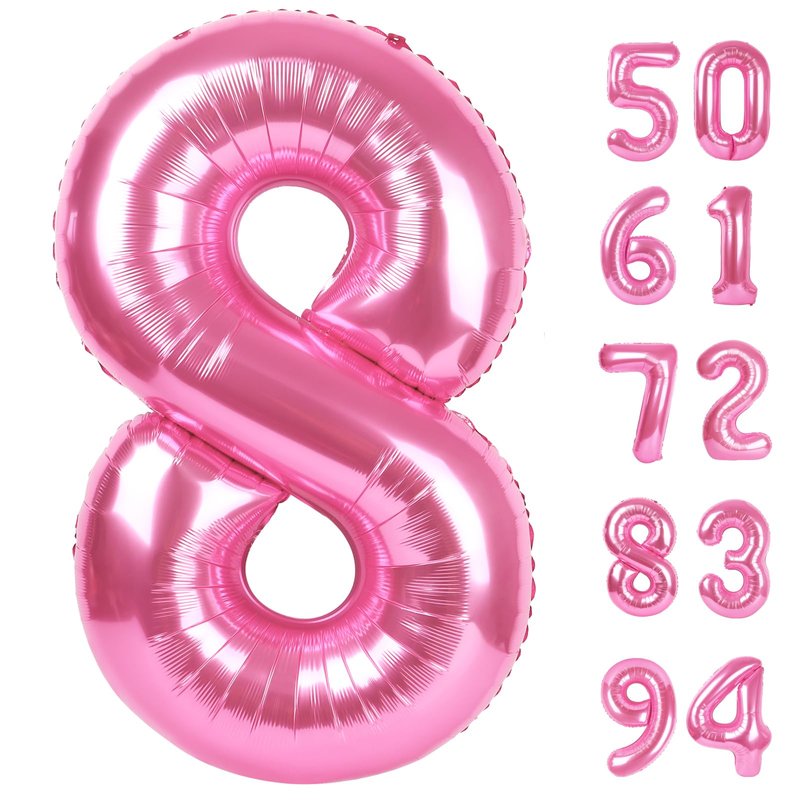 Pink 8 Balloon, Number Balloons 40 Inch, 8th Birthday Decorations for Girls, Birthday Balloons, Pink Party Supplies, Number 8 Balloon