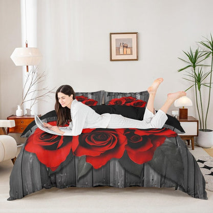 Erosebridal Red Rose Bedding Set King Red Black Valentine's Day Comforter Cover for Girls Women Men Couple,Romantic Floral Duvet Cover Rustic Farmhouse Bed Set with Zipper 2 Pillow Cases Grey