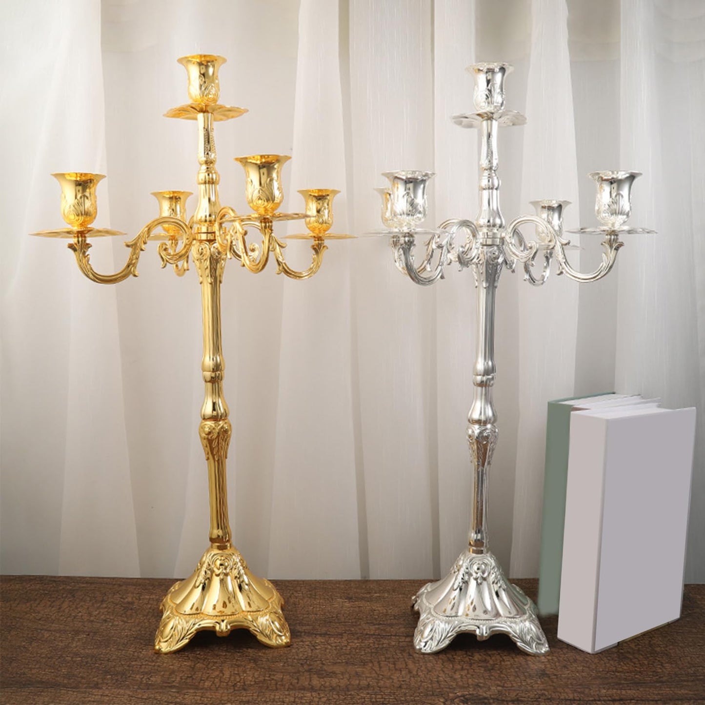 GIYDNEI 5 Arms Candelabra 25.4In Gold Candlestick Holder for Taper Candles, Candle Holder Stand Table Centerpieces for Wedding Home Decoration,Silver,14.6" Wx25.4 H