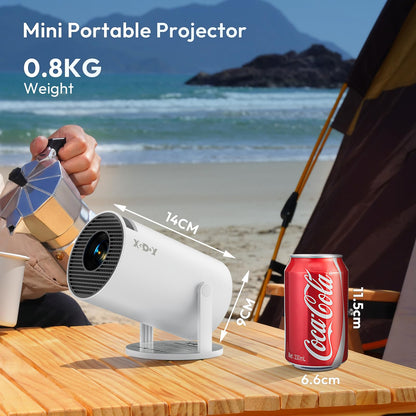 Smart Mini Projector WiFi6 Bluetooth 5.0 XGODY Gimbal 3 Protable Projector 12000L Support 4K with Android TV 11.0, Auto Keystone Correction Video Projector, 180°Rotatable Stand for Home Movie（White）