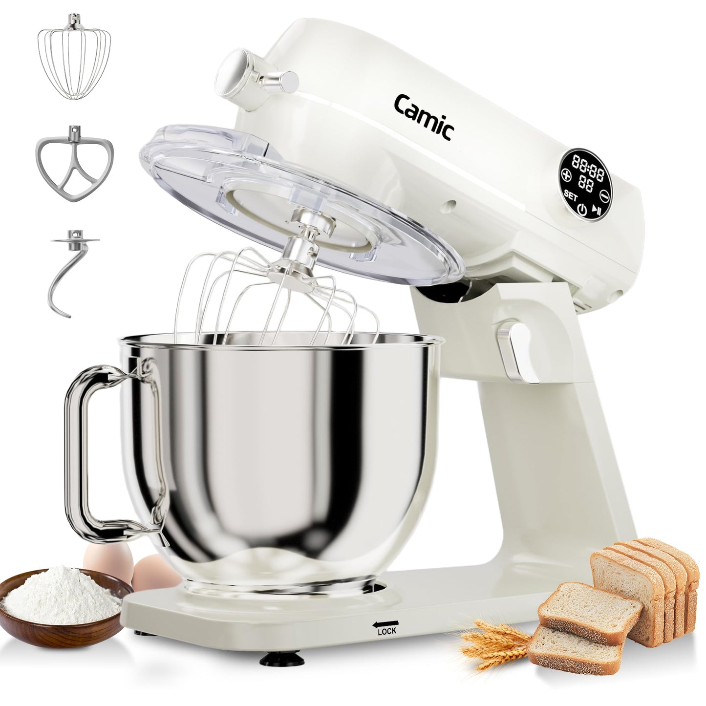 8.45 QT All Metal Stand Mixer,10 Speed Large Capacity Kitchen Mixer with Digital Timer & Tilt-Head, Electric Mixer with Whisk Dough Hook Mixing Beater for Baking,Cakes,Cookie,Bread,Salad (White)