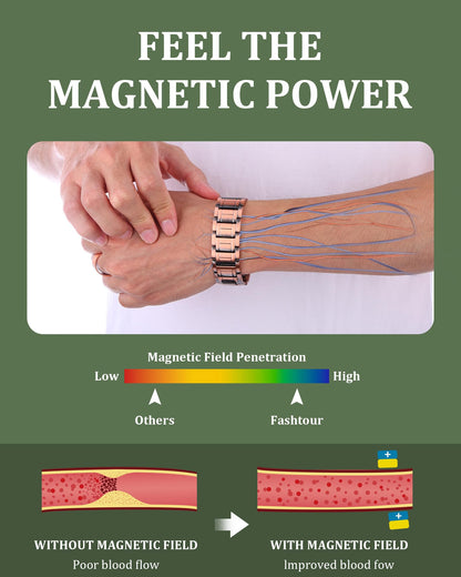 Fashtour 3X Copper Bracelet for Men, Triple Ultra Strength Magnets, Pure Copper Magnetic Bracelet and Ring Set, Adjustable Length with Sizing Tool(Copper)