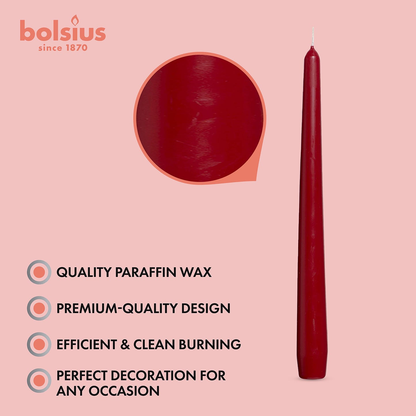Bolsius WINE RED Taper Party Wedding Candles 10 Pack Aprox 10 inch (245x24 mm)