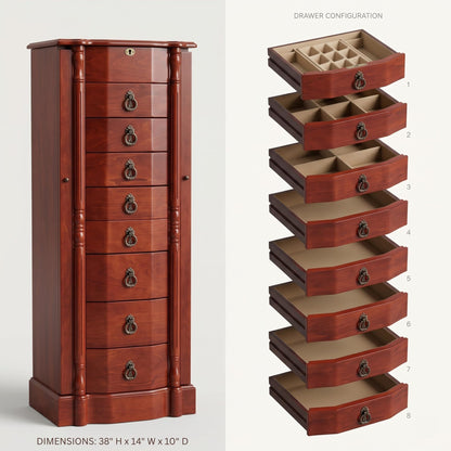 Hives and Honey Francesca Traditional Standing Jewelry Armoire Cabinet, Antique Locking Storage Organizer with Mirror, 8 Drawers, Necklace Hooks, Anti-Tarnish Lining, Cherry