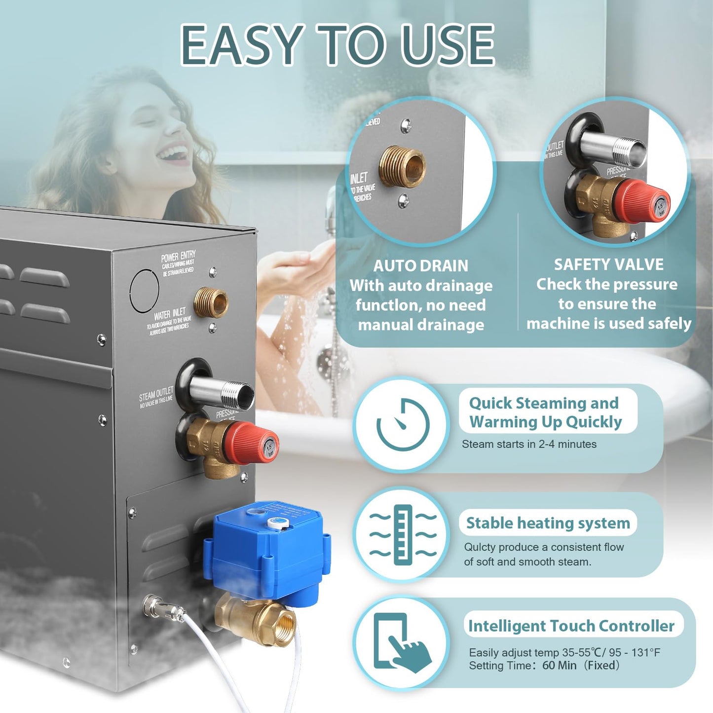 6KW Steam Generator-Quick start continuous steam，with Black digital control panel Self-Draining System, 95-131°F Temp Control,Can be used for heating a space area of 6m³/211Cu.ft.(6KW 220V)