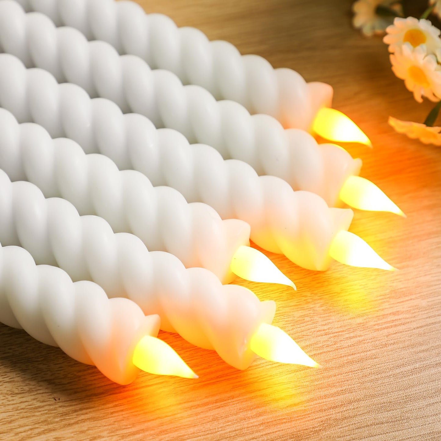Baquler 6 Pcs White Flameless Taper Candle Twisted LED 9.65 Inch Spiral Taper Candles Battery Operated Twisted Candlesticks for Spring Wedding Birthday Home Party Holiday Dinner Fireplace