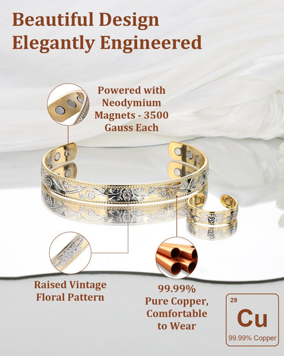 BioMag Copper Bracelet & Ring for Women, 99.99% Pure Copper Magnetic Bracelet Lymphatic Drainage Rings with 3500 Gauss Magnets, Adjustable & Flower Pattern (Gold Base with Silver)