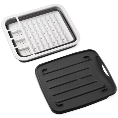 Masirs Pop-Up Collapsible Dish Drying Rack: Convenient Storage, Drains into Sink, Eight Large Plate Capacity, Sectional Cutlery and Utensil Compartment. Compact and Portable Design.