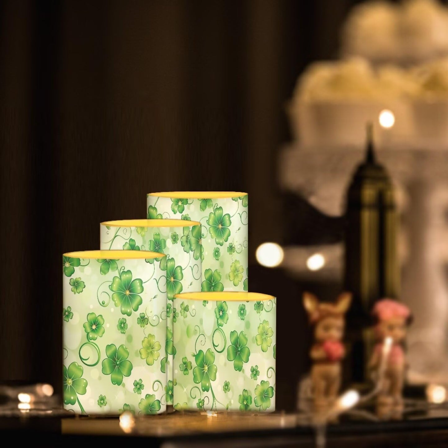 NETILGEN 4 Pcs Flameless Candles Battery Powered with Multicolor Lights Timer Remote Control LED Candles St Patrick's Day Green Leaf