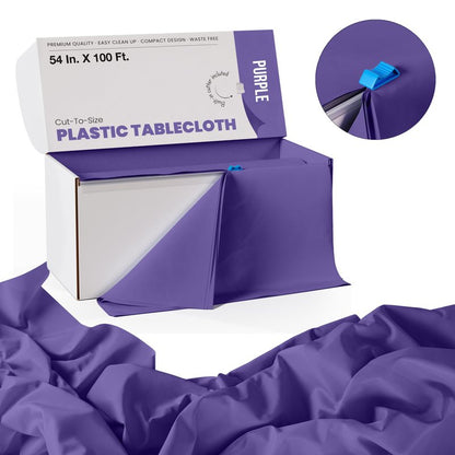 Party Solids 54 Inch X 100 Feet Purple Plastic Table Cover Roll in A Cut - to - Size Box with Convenient Slide Cutter. Cuts Up to 12 Rectangle 8 Feet Plastic Disposable Tablecloths
