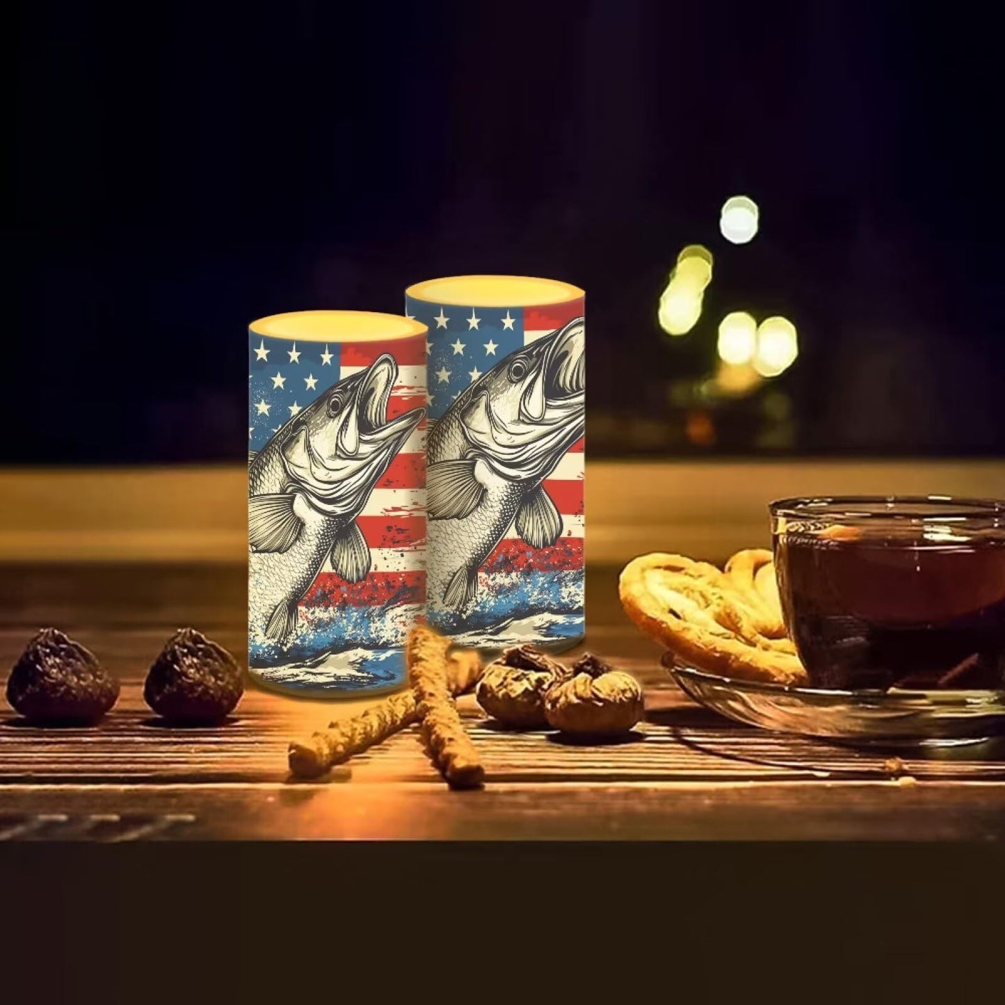 Luarisgur Summer Candles Battery Operated Flameless Candles with Remote and Timer Fish American Flag Electric Candles LED Flickering Candles for Home Farmhouse Room Bedroom Patriotic Decoration