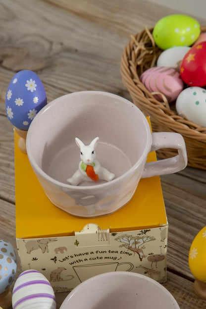 DIHOclub Farmhouse Ceramic Coffee Mug with Rabbit Figurine – Rustic Stoneware Cup, Matte Finish, Ideal for Breakfast & Home Decor (Pink Rabbit)