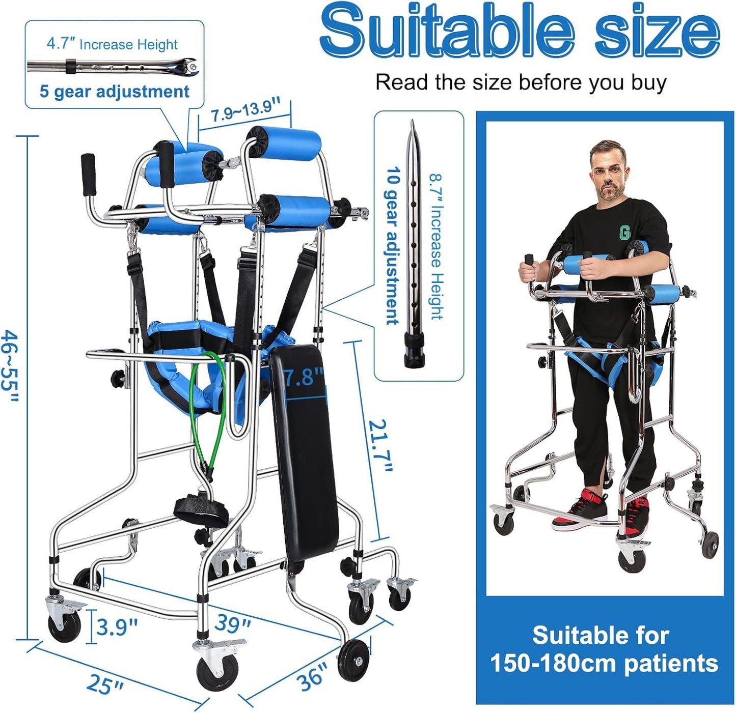 Adult Standing Walker for Seniors, Hemiplegia Standing & Lower Limb Training, Upgraded Double Pads, 8 Wheels Anti-Tilt Mobility Aid, Fits 58-71 in, withstands 220 lbs