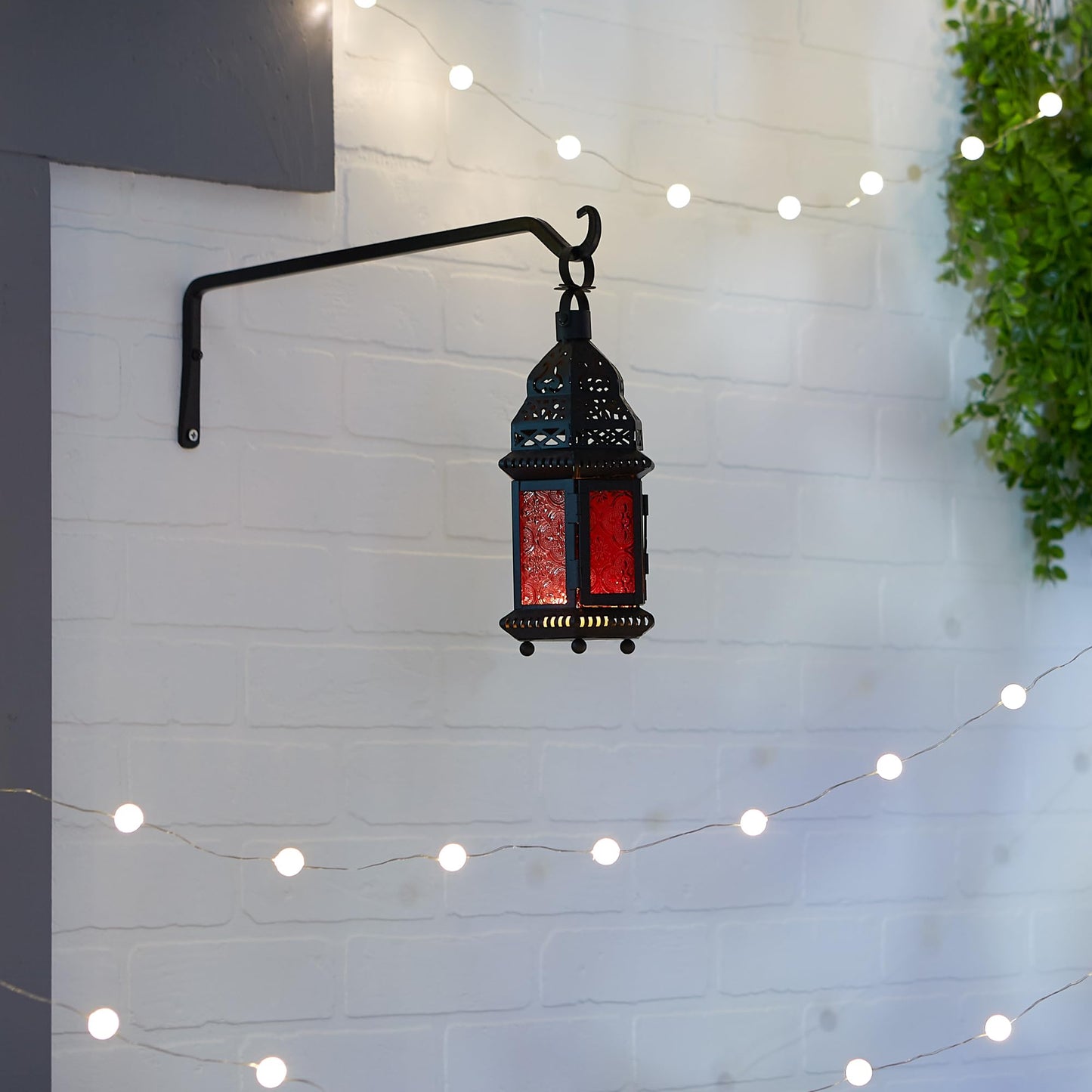 Zingz & Thingz Moroccan Style Candle Lantern Holder, Decorative Light Home Decor, Indoor & Outdoor, 10.25" Tall, Black with Red Glass