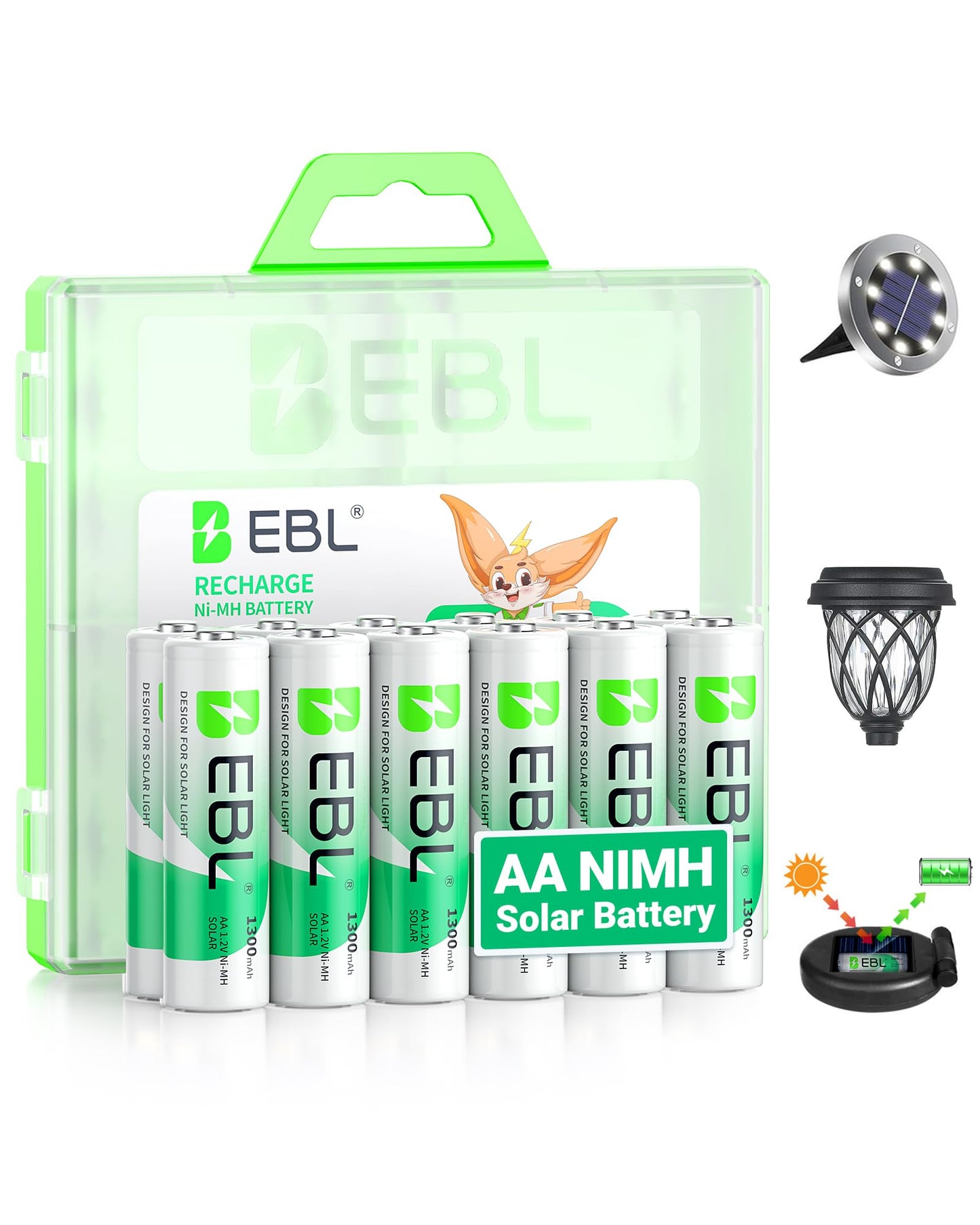 EBL Solar AA Battery Rechargeable Batteries for Outdoor Solar Lights, 1300mAh NIMH Pre-Charged 1.2V Recharge up to 1200x Times for Garden Landscaping String Lights, Pack of 12