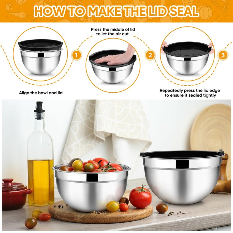 TeamFar Mixing Bowl Set of 5, 4.5/3/1.5/1/0.7 QT, Stainless Steel Metal Nesting Salad Bowl with Lid Set, Ideal for Mixing Serving, Non-Toxic & Sturdy, Airtight Lid & Easy Clean, Black