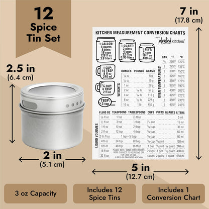 Talented Kitchen Silver Magnetic Spice Jars for Refrigerator (3 oz) - Stainless Steel 12 Spice Containers with Sift & Pour Lids (269 Preprinted Labels and 2 Label Styles)