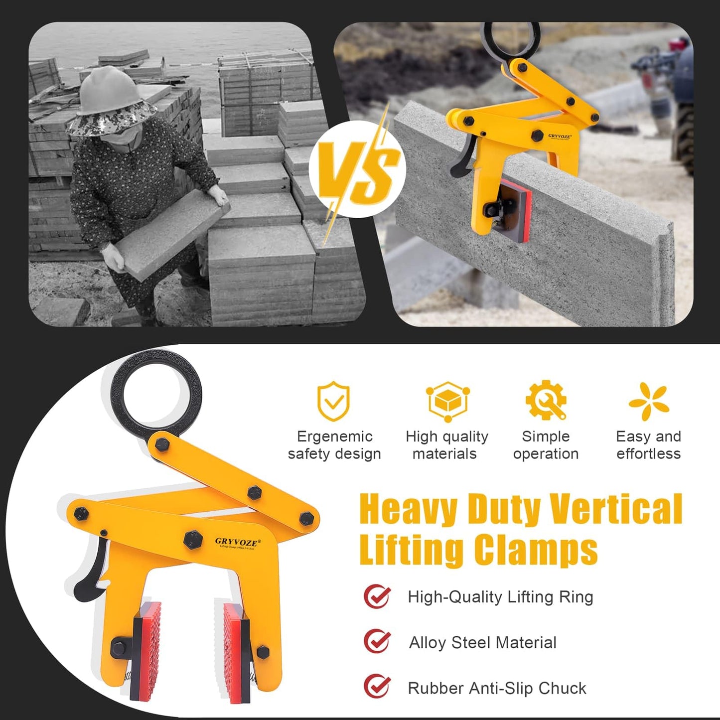 GRYVOZE 860lbs Granite Slab Lifting Clamp, 1.2"-3.4" A Shaped Heavy Duty Stone Lifter Equipment, Marble Carrying Clamps Tongs, also Suitable for Concrete, Steel, Rocks, Curbstones and Glass