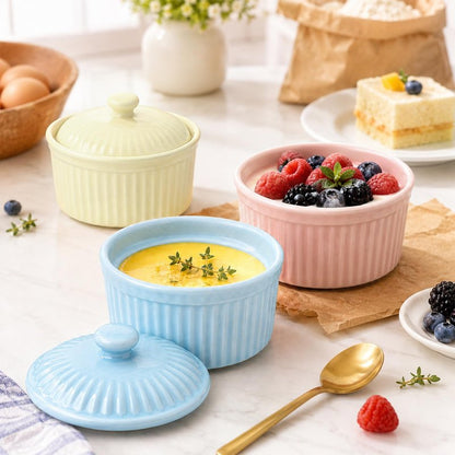Meltset 5.5 Oz Ramekins with Lids Oven Safe Ceramics Ramekin Bowls for Baking, Porcelain Bake Dishes for Souffle, Creme Brulee, Lava Cake, Ice Cream Desserts, Snacks (Set of 5）