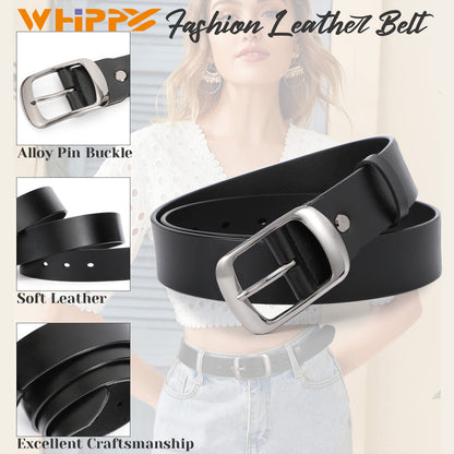 WHIPPY Women Leather Belts for Jeans Pants Fashion Dress Belt for Women with Solid Pin Buckle, Black, L