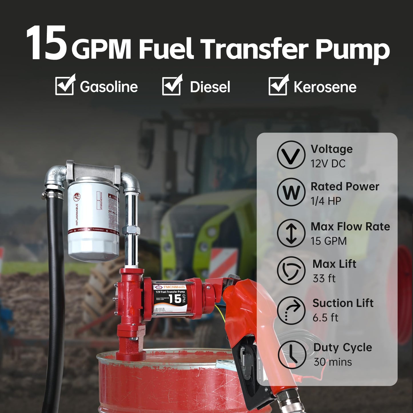 FMCNMech 12V Fuel Transfer Pump, 15 GPM Diesel Transfer Pump Kit with Automatic Shut-Off Nozzle, Heavy-Duty Fuel Pump with 13 ft Hose for Gasoline, Diesel & Kerosene