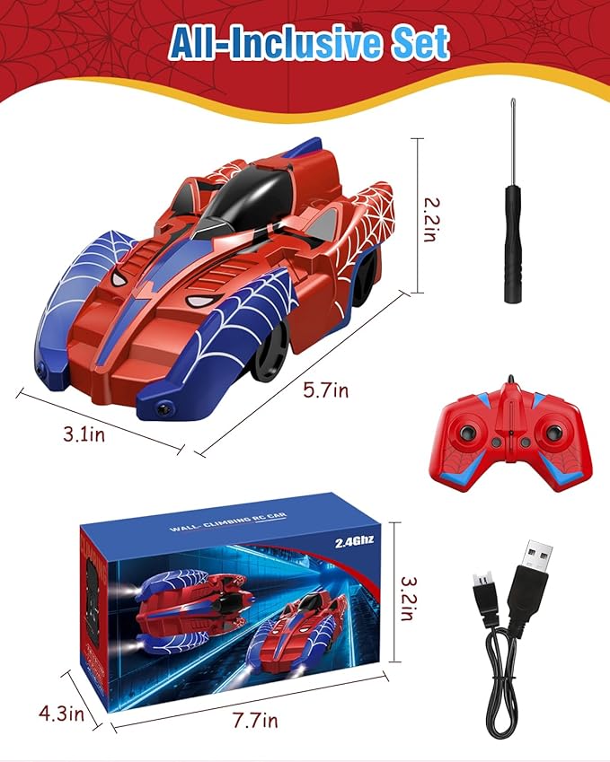 Spider Hero Wall Climbing Car Remote Control Kids Toy 360° Rotating Remote Control Car with Light Rechargeable RC Stunt Cars Wall Toys for Boys Kids Ages 4 and up