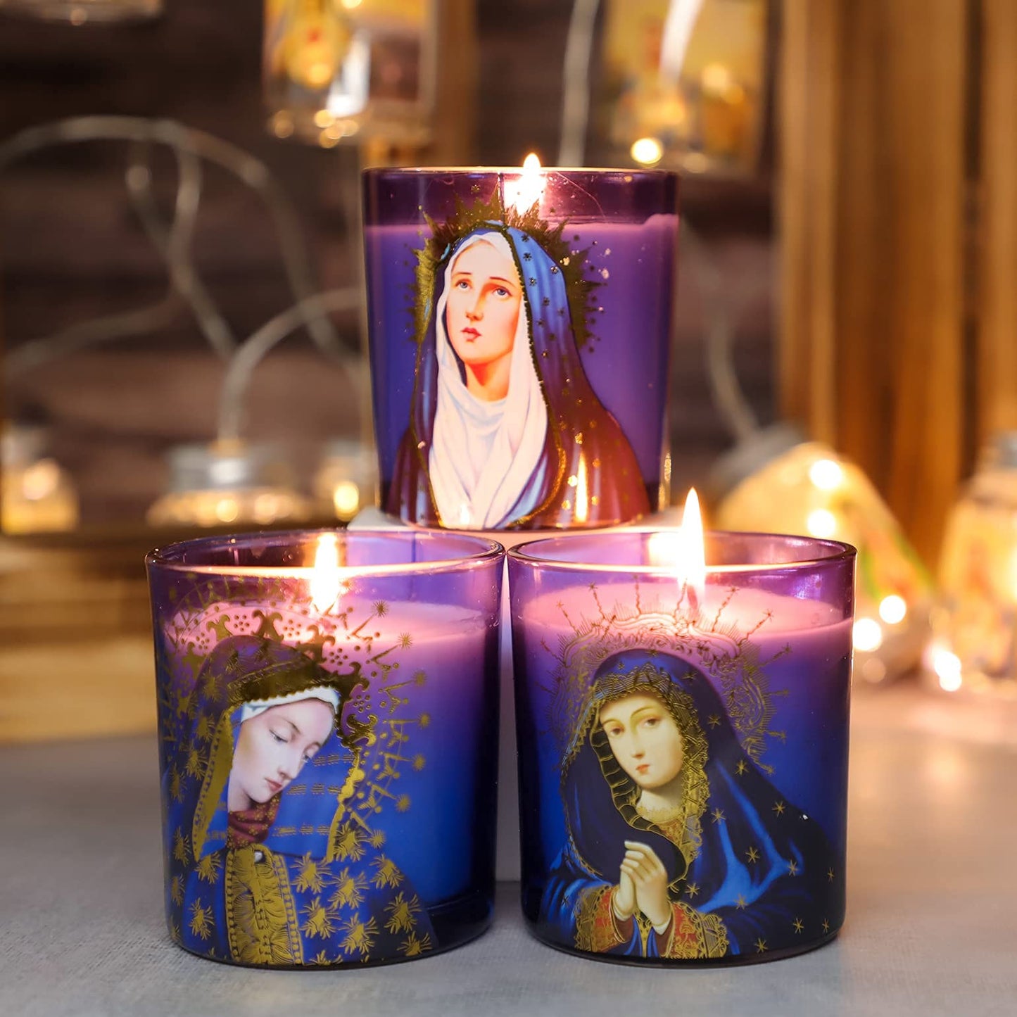 FLAVCHARM Blessed Virgin Mary Scented Candles - Set of 3 Purple Glass Votive Candles for Church Vigil Devotional and Catholic Home Altar - Long-Lasting Burning, Rosemary Scented Soy Wax Jar Candles