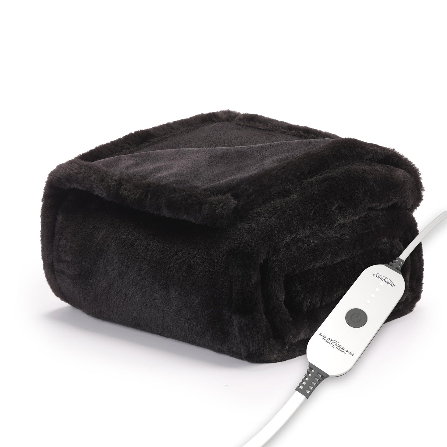 Sunbeam Electric Throw Royal Faux Fur Heated Blanket, 4 Heat Settings, 4-Hour Auto Shut-Off, Fast Heating, Rich and Ultra Silky, White/Grey Color, 50" x 60"