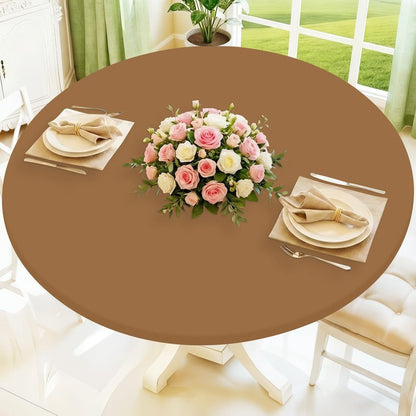 Moosfor Round Spandex Tablecloth, Elastic Fitted Waterproof Tablecloths for 31"-35" Tables, Stretch Washable Picnic Table Cover for Camping, Dining, Indoor and Outdoor,Brown