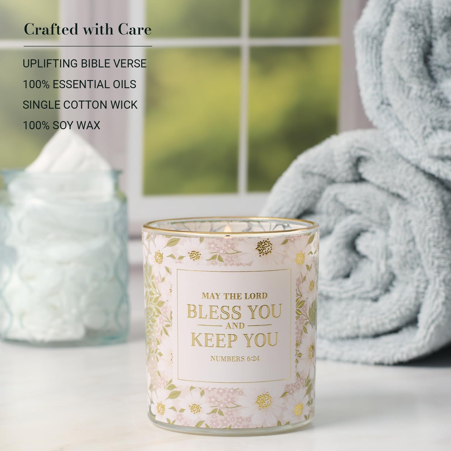 Christian Art Gifts Lord Bless You Scented Candle: Soy Wax, Pure Essential Oils, Cactus Blossom & Coconut Scent, Bible Verse, Floral Design Glass Jar, Encouragement Gift for Women, 40 Hours Burn Time