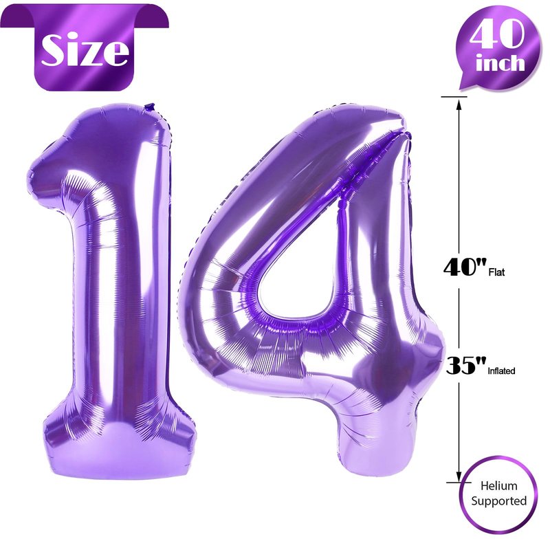 Purple Number 14 Balloon 40 Inch, 14th Birthday Party Decorations for Children, Giant 14 Foil Balloon for Party Supplies