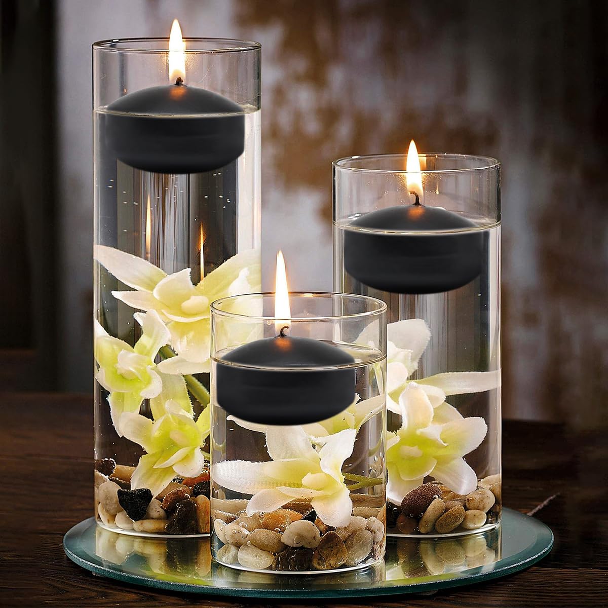 6 Hour Black Floating Candles, Unscented Small 2 Inch Dripless Pool Water Wax Candles for Cylinder Vase, Centerpiece at Wedding, Party, Pool, Holiday, Halloween, 24 Packs