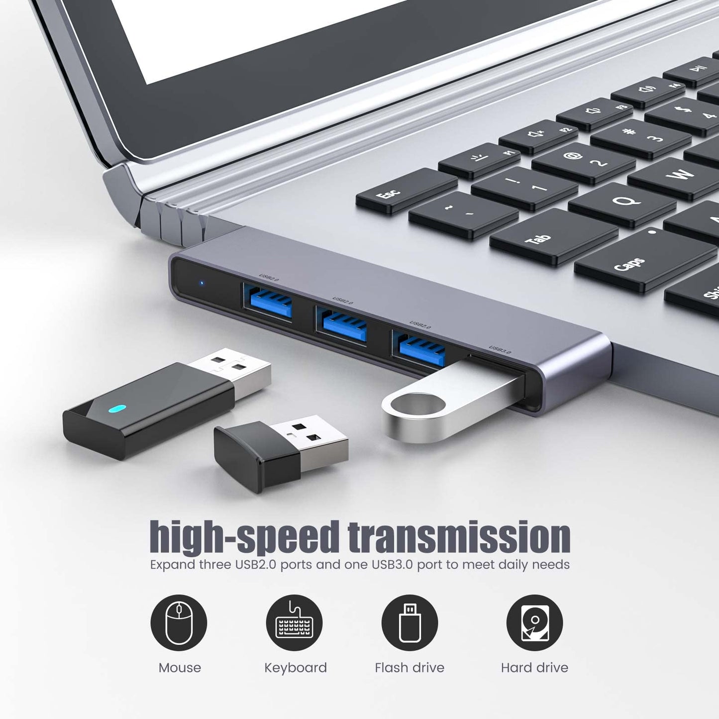 Fidioto USB Hub, 4-Port USB Splitter(1 * 3.0 Hub, 3 * 2.0 Hub) USB Splitter USB Expander for Laptop,Windows PC,Mac,Printer,Flash Drive,Mobile HDD, Notebook PC