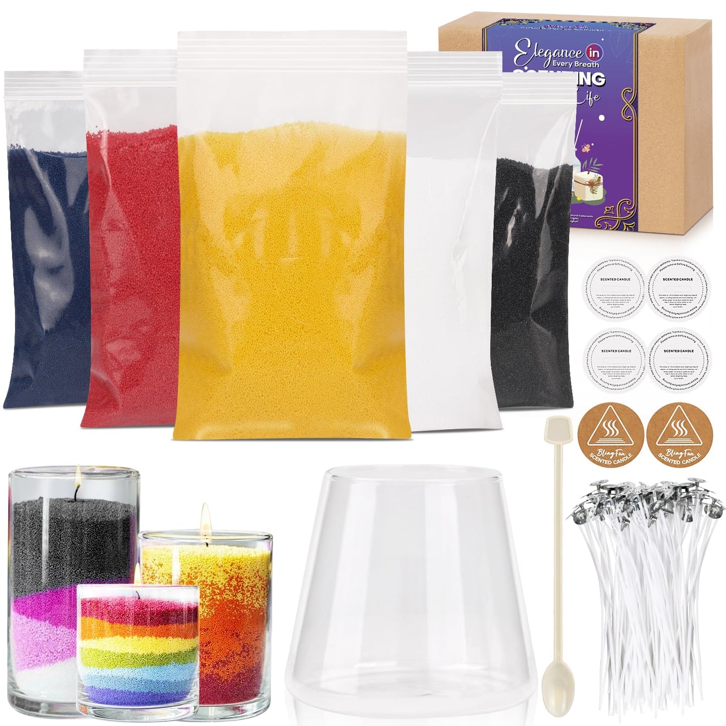 Blingfun Snow Pearled Candle with Wicks,5 Colors of DIY Candle Sand kit,with Mixing Cup, Spoond etc.Refillable for Making Pearled Wax for Halloween Thanksgiving Christmas Wedding Party-1.3LB