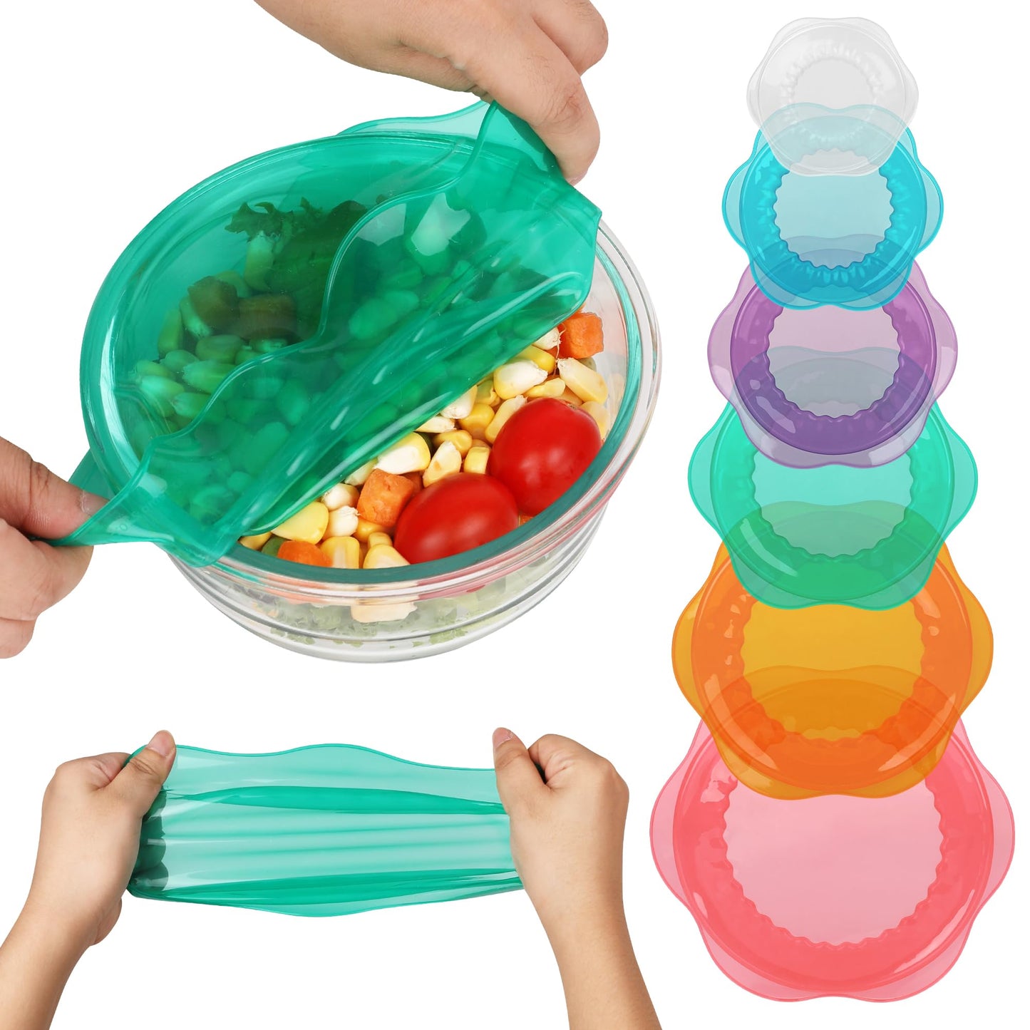 Silicone Stretch Lids for Food Storage in Fridge, Reusable Elastic Bowl Covers for Cup, Cans, Jars, Round & Rectangle Container, Food Grade Silicone Microwave Food Cover, Heat-Resistant, 6PCS