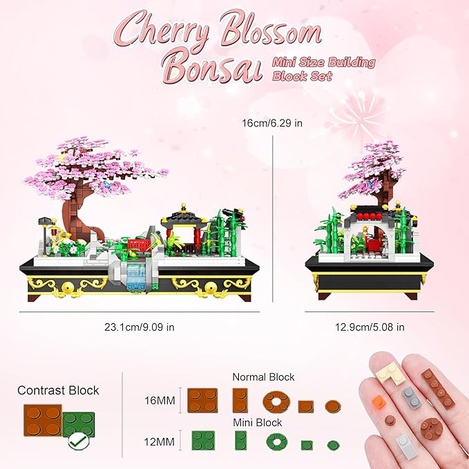 Cherry Blossom Tree Building Set Japanese Sakura Bonsai Block Flowers House Mini Bricks Building Kit Home Office Decoration Creative Toys Gift for Adults Teens Children Kids 8+ 1008 pcs