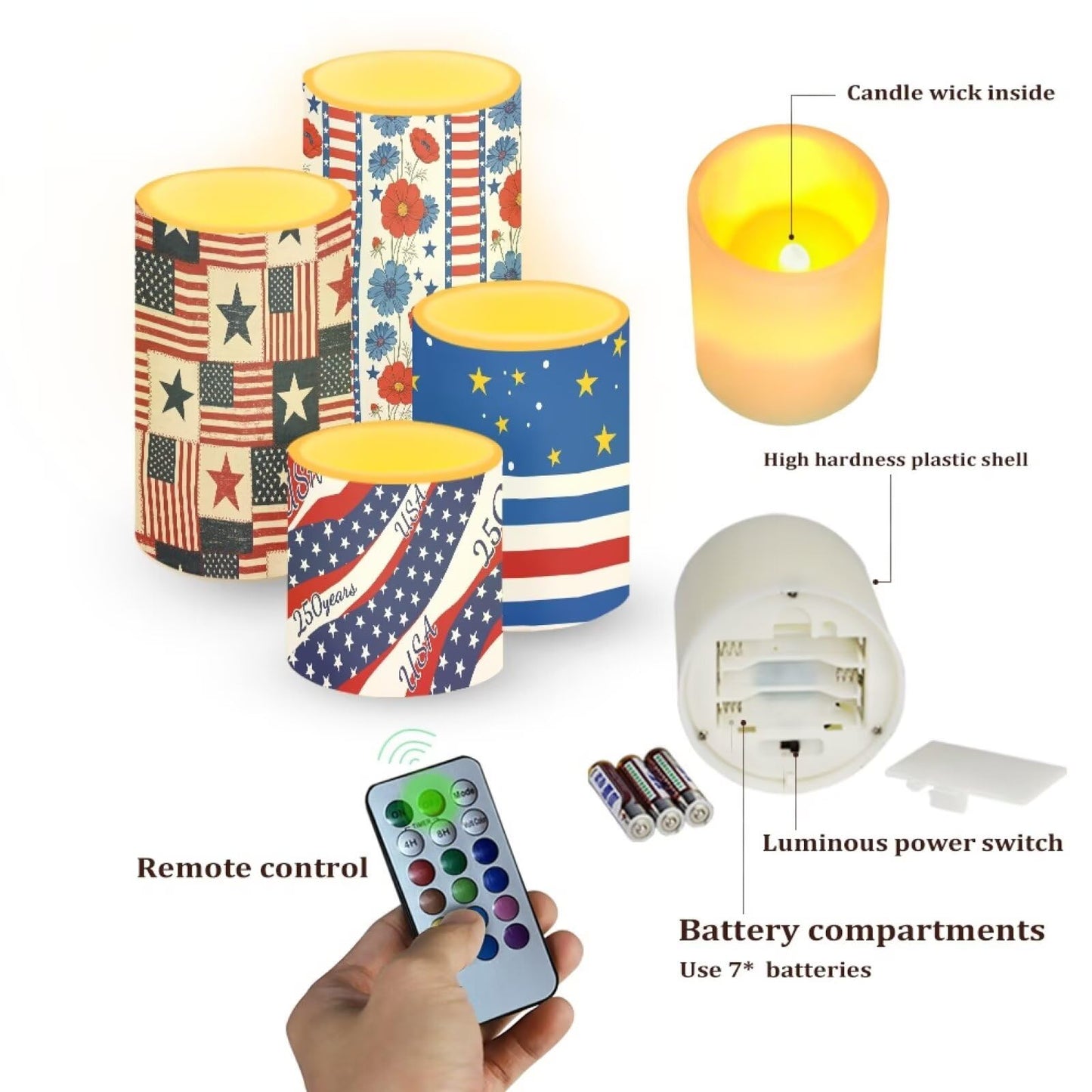 NETILGEN Novelty American Flag Decorative Flickering Flameless Candles with Battery Powered LED Candles with Remote Timer Control 4 Pcs Set for July 4th American Independence Day Theme
