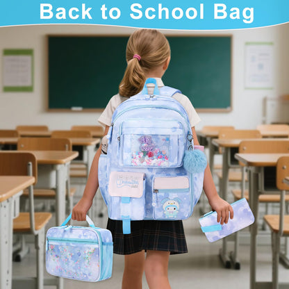 Youngsing Girls Backpack Set 3 IN 1,Cute Rainbow Kids Backpack with Insulated Lunch Box Pen Case Set Student School Bag(Pink-3 pieces set)