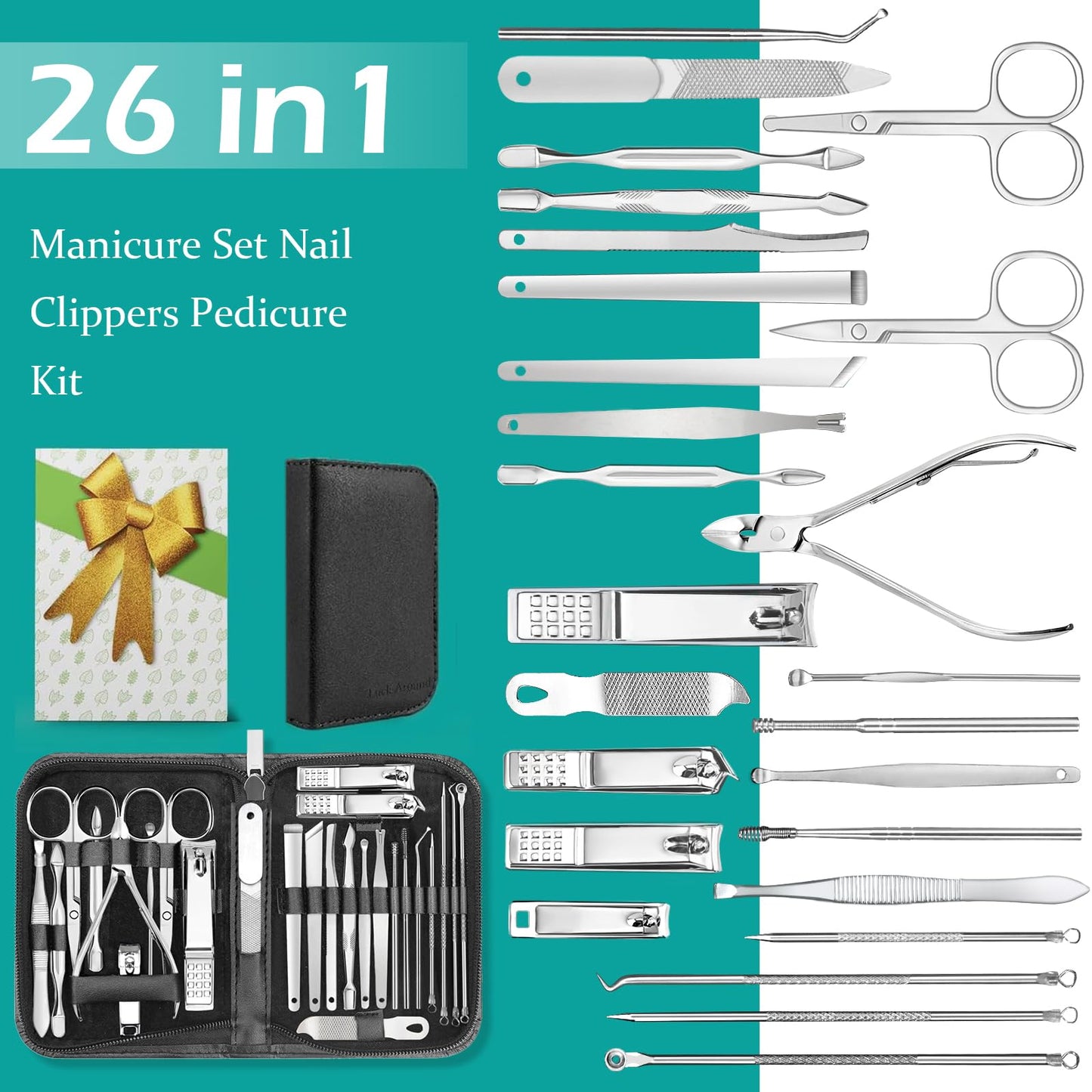 Nail Clippers Set, 26 Piece Manicure Set & Pedicure Kit, Stainless Steel Fingernail & Toenail Clipper Cutters, Professional Nail Care Tools with Luxurious Travel Case for Men and Women, Black