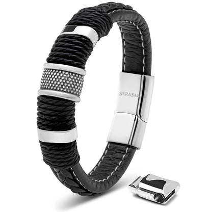 SERASAR Pulsera de cuero plateado 20cm para hombre idea regalo, genuino, caja cierre magnetico ajustable