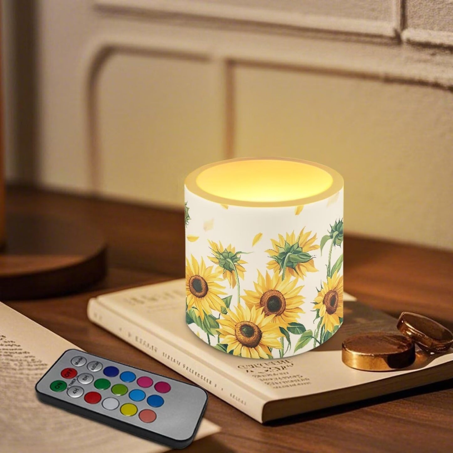 Cozeyat Sunflower Family Gathering LED Candles Set of 4 Battery Powered Flameless with Remote Timer Dancing Flame Waterproof for Home Patio Table Decor