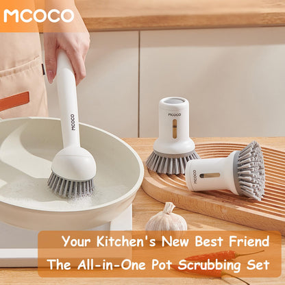 MCOCO Dish Brush Set with Soap Dispensing Palm Brush Dish Scrub Brush with Soap Dispenser Palm Dish Brush Kitchen Cleaning Brush with Ergonomic Long Handle for Cleaning Sink, Pot, Pan, Stove, Yellow
