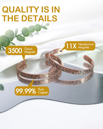 Feraco 99.99% Pure Copper Bracelet for Women, 11X Ultra Strength Magnetic Copper Cuff Bangle with 3500 Gauss Neodymium Magnets, Adjustable Vintage Flower Collection