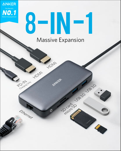 Anker Laptop Docking Station Dual Monitor, 8-in-1 USB C Hub, 4K Dual Monitor with 2 HDMI, 1 Gbps Ethernet Hub, 85W Power Delivery, SD Card Reader for MacBook Pro, XPS and More (Charger not Included)
