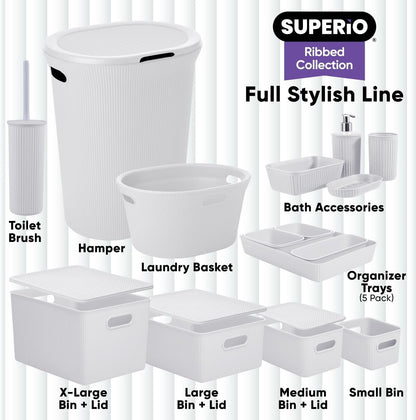 Ribbed Collection Decorative Plastic Storage Bins - Small White Smoke Organizer (4 Pack) | 1.5 Liter