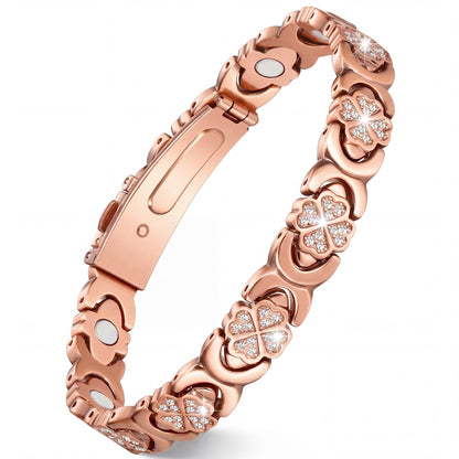 Feraco Pure Copper Bracelets for Women, Ultra Strength Magnetic Bracelet for Women with 3800 Gauss Magnet & Sparkling Cubic Zirconia, Copper Jewelry Gift, Infinite Clover (Rose Gold)