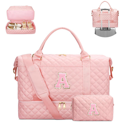 CLOUDWINGS Graduation Gift for Her Women Gift-Birthday Gifts Initial Travel Duffle Bag Quilted Weekender Carry-On Overnight with Cosmetic Bag, Gym Bag with Shoe Compartment Personalized Bag, Pink A