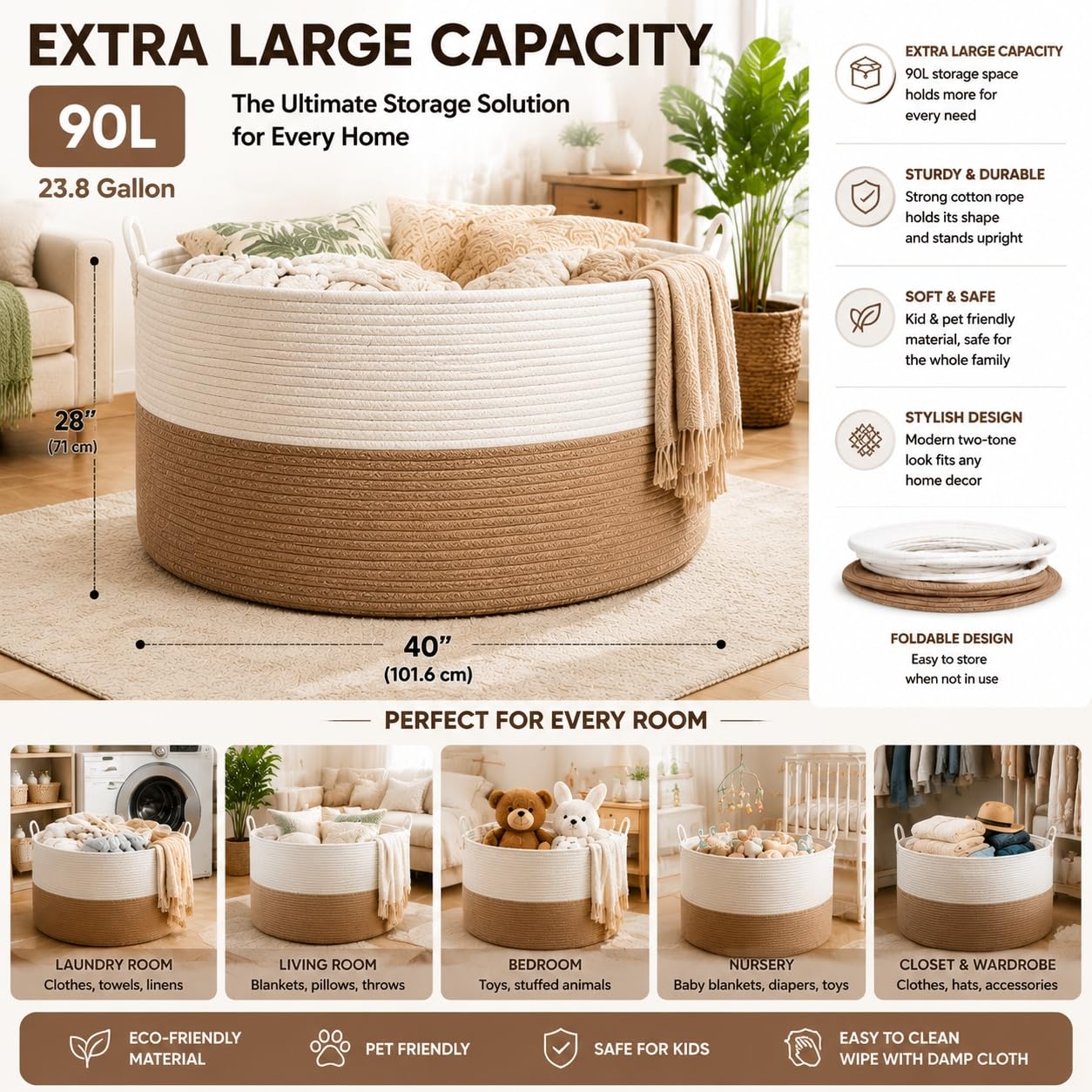 Handmade Large Cotton Rope Storage Basket, Cotton Rope Basket for Blankets, Woven Storage Bin for Bedroom Nursery, Clothes Hamper for Laundry, Large Laundry Hamper, 86L Tall Laundry Basket Blue